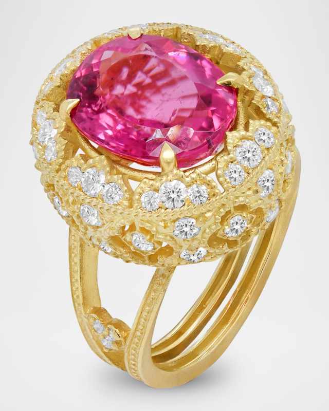 18K Yellow Gold Oval Rubellite Ring with Diamonds